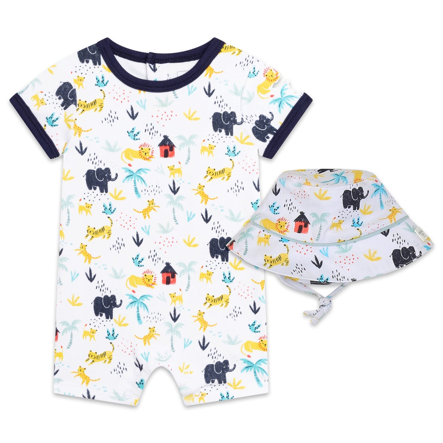 Safari Animals Short Romper and Sun Hat Set Organic Cotton